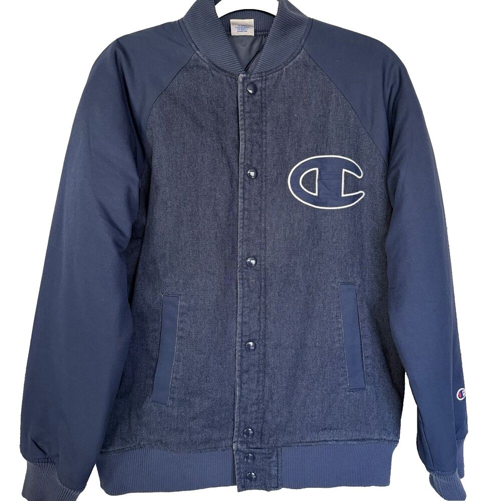 Champion Bomber Jacket Mens Large Snap Front Varsity Athletic Blue Logo